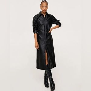 Mango faux leather button front shirt dress in black